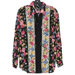 Vintage 90s Button Up Top Dark Floral Black M Cottagecore Patchwork Grandma Boho